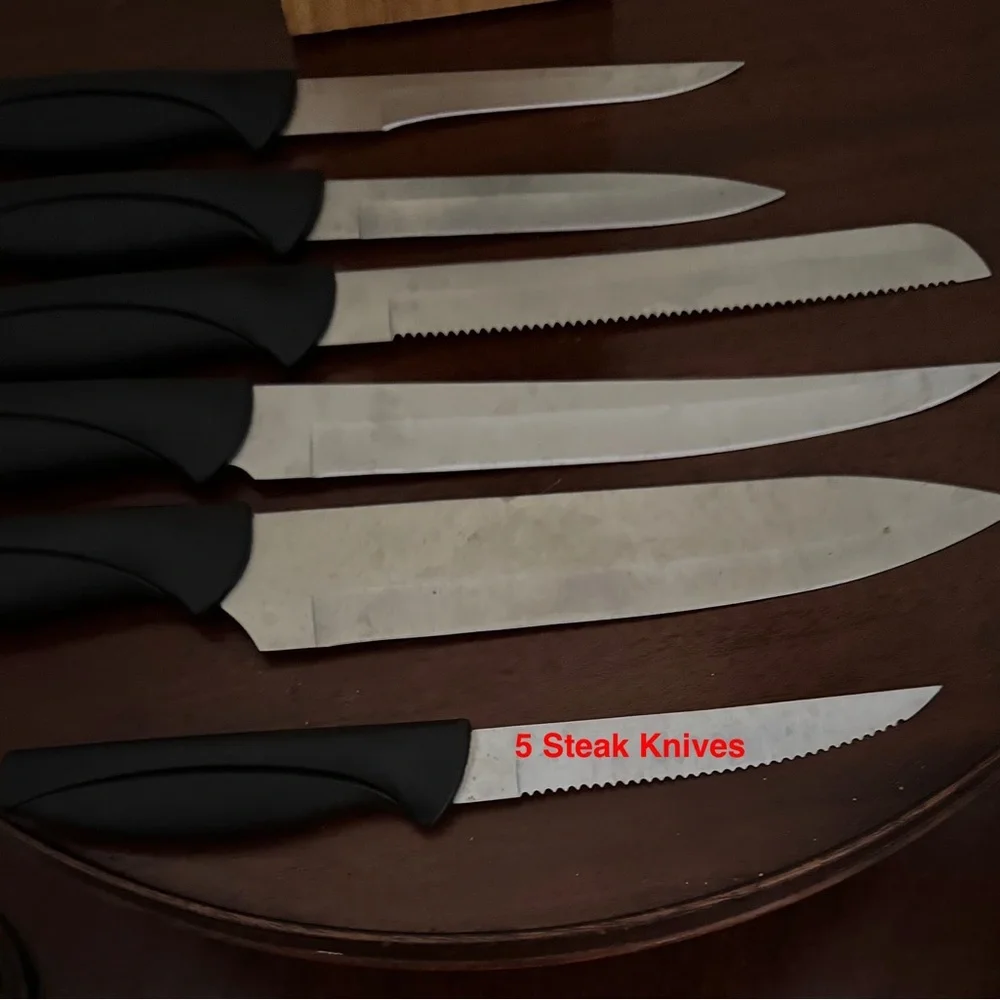 Wooden Holder, 10 Piece Stainless Steel Knife Set with Built-In Sharpener